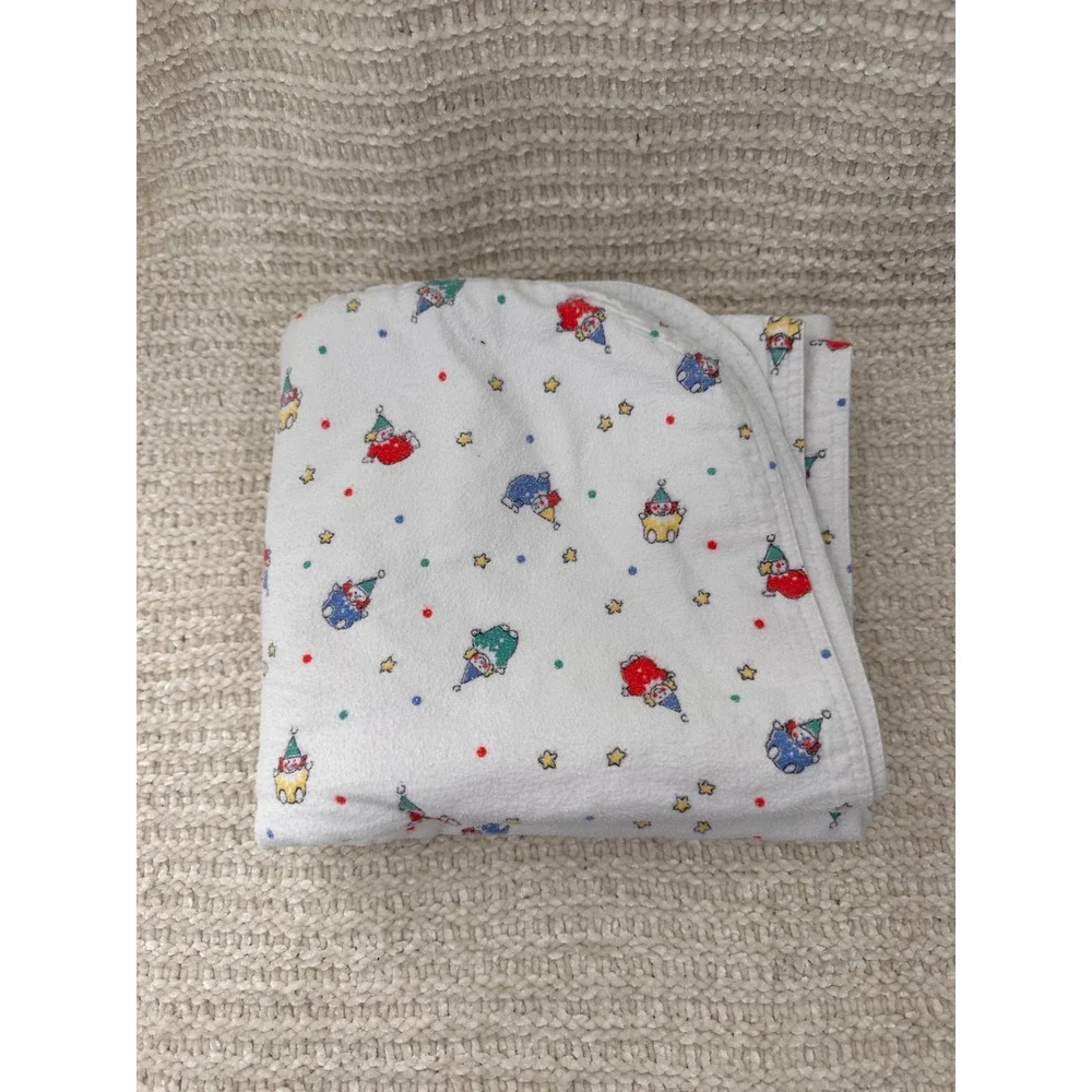 Vintage Baby Receiving Blanket‎ Circus Clown Stars White Flannel Lovey 36x41 Toy
